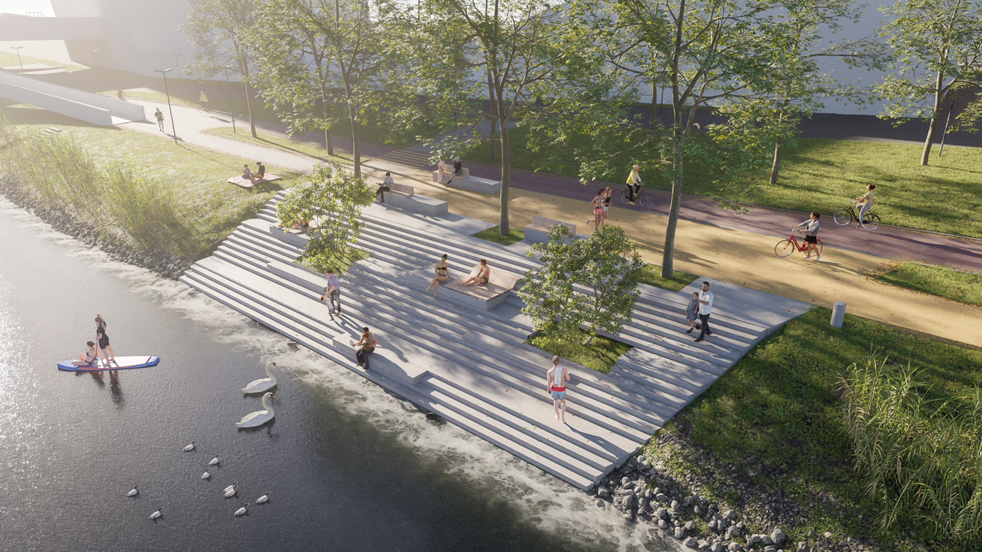 Inselprojekt Urfahraner Markt Urbaner Raum Landschaftsarchitektur Wasser Farbe Band Donau Aussenraumgestaltung Aufenthalt Sitzstufen Rendering