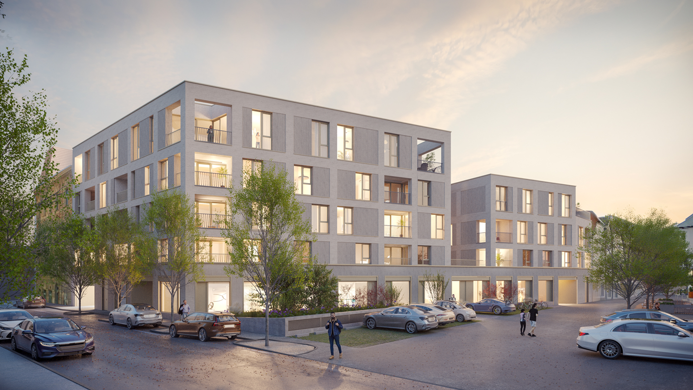 wels freiung architektur strukturputz städtebau innenstadt baulücke fassade wohnbau wohnen rendering